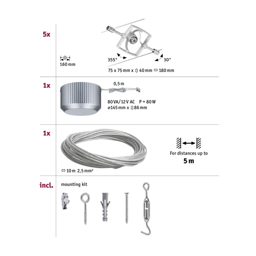 Paulmann 94133 - НАБОР 5xGU5,3/10W Точечный светильник для тросовой системы MAC 230V матовый хром