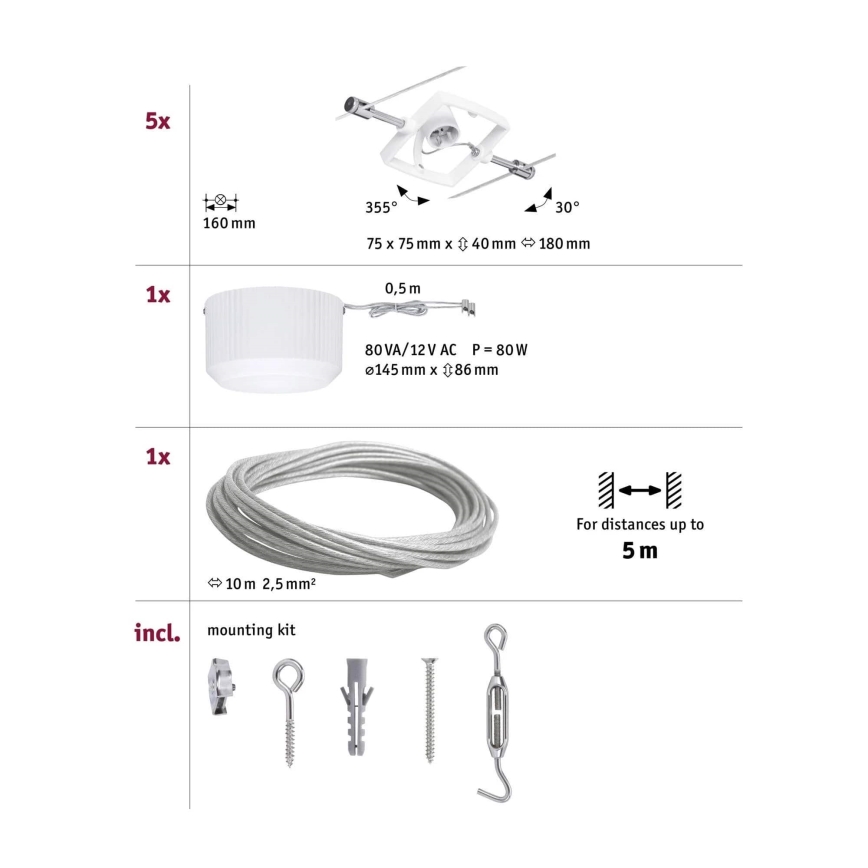 Paulmann 94134 - НАБІР 5xGU5,3/10W Точковий світильник до мотузкової системи MAC 230V білий