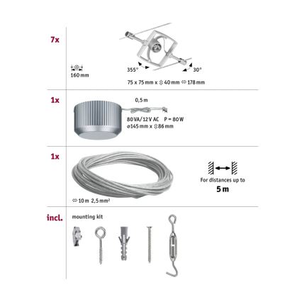 Paulmann 94152 - Комплект 7xGU5,3/10W Полная тросовая система MAC 230V матовый хром