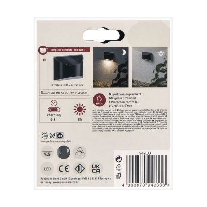 Paulmann 94233 - LED/0,05W IP44 На сонячній батареї настінний світильник ELLIOT 1,2V 400 mAh
