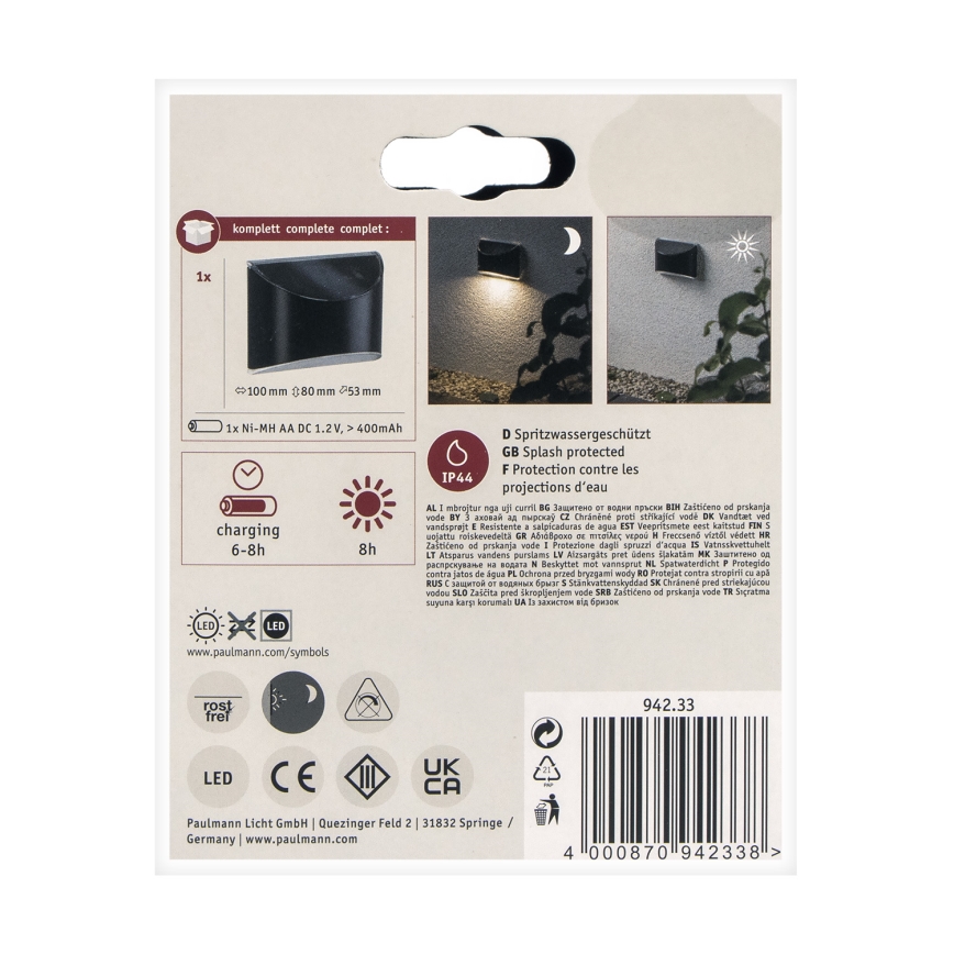 Paulmann 94233 - LED/0,05W IP44 На сонячній батареї настінний світильник ELLIOT 1,2V 400 mAh