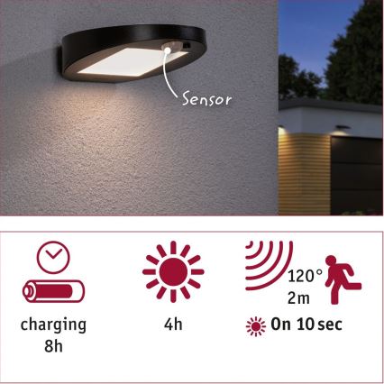 Paulmann 94246 - LED/1,2W IP44 Вуличний світильник з датчиком на сонячній батареї RYSE 3,7V
