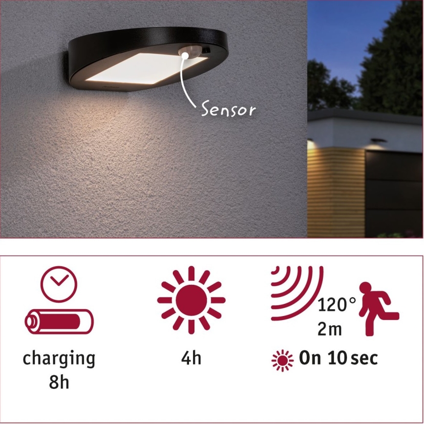Paulmann 94246 - LED/1,2W IP44 Вуличний світильник з датчиком на сонячній батареї RYSE 3,7V