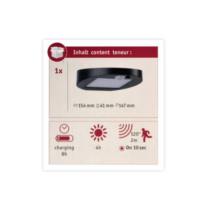 Paulmann 94246 - LED/1,2W IP44 Вуличний світильник з датчиком на сонячній батареї RYSE 3,7V