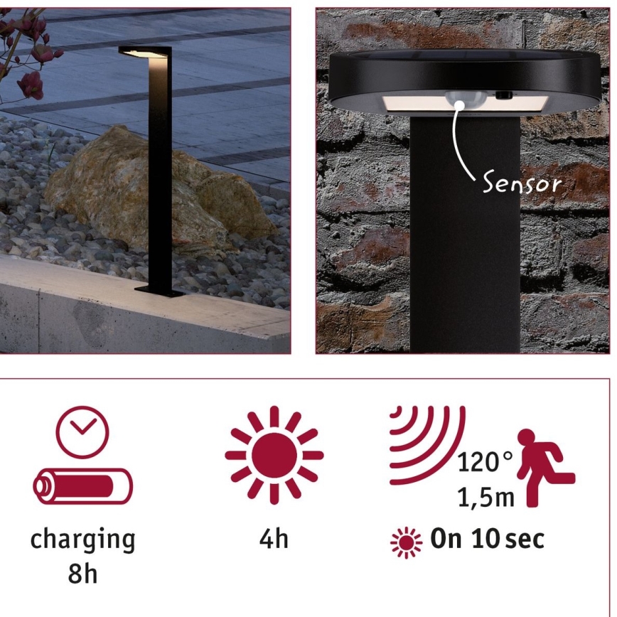 Paulmann 94249 - LED/1,2W IP44 Уличный на солнечной батарее лампа с датчиком RYSE 3,7V 1800 mAh