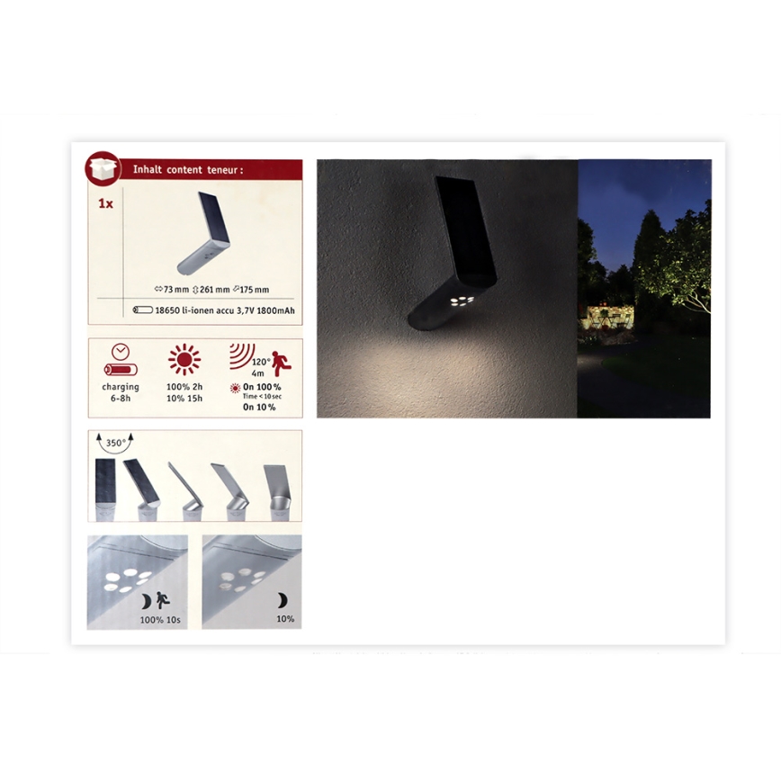 Paulmann 94261 - LED/1,2W IP44 Настінний світильник з датчиком на сонячній батареї ILIAS 3,7V