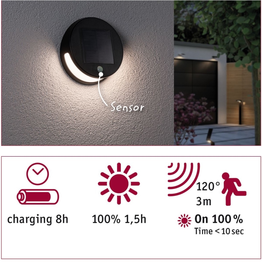 Paulmann 94265 - LED/3W IP44 Вуличний світильник з датчиком на сонячній батареї HELENA 3,7V