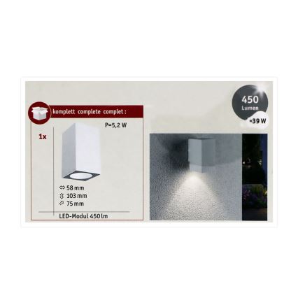 Paulmann 94329 - LED/3,8W IP44 Вуличний настінний світильник FLAME 230V біла