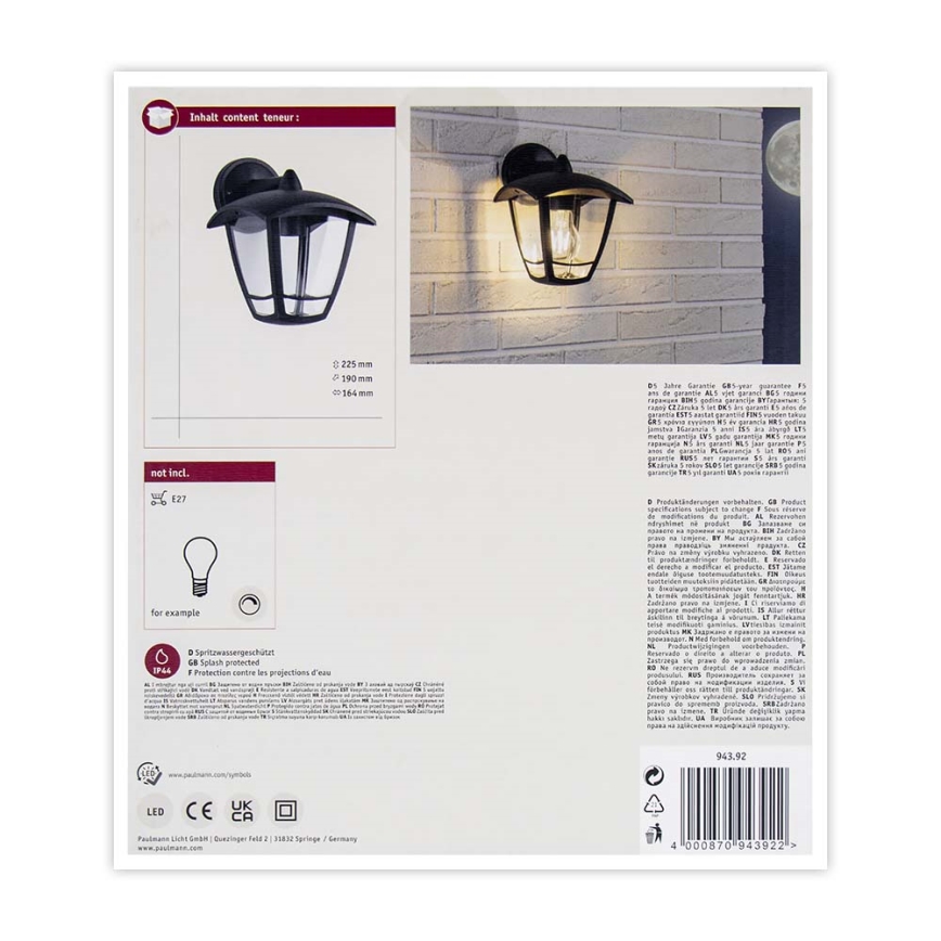 Paulmann 94392 - 1xE27/12W IP44 Вуличний настінний світильник CLASSIC 230V