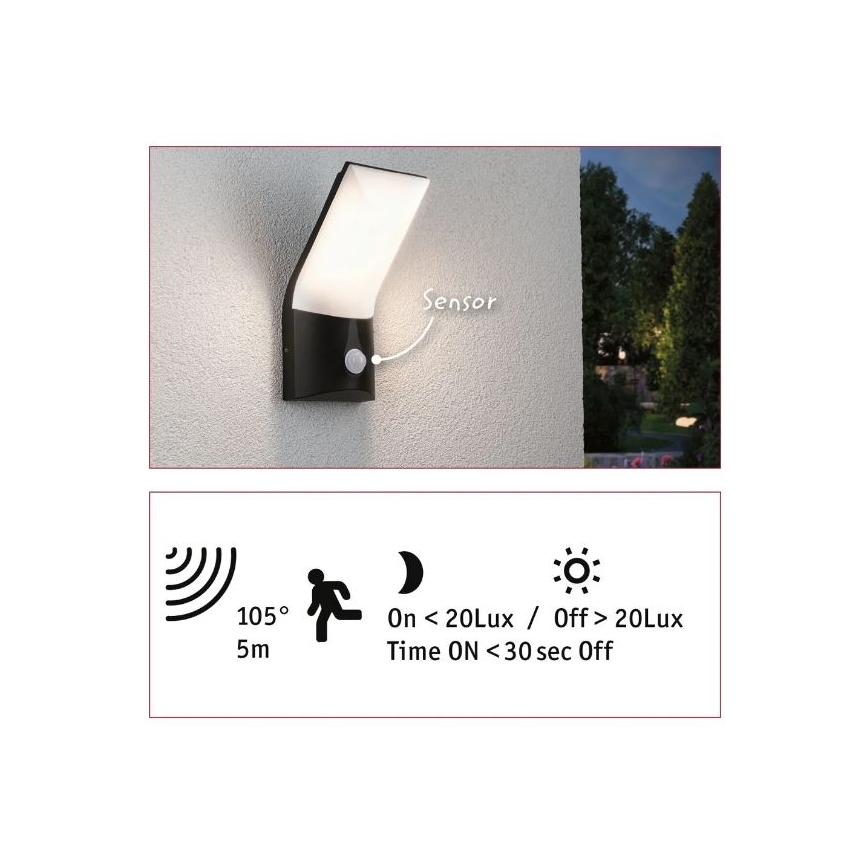 Paulmann 94402 - LED/10W IP44 Вуличний настінний світильник з датчиком ADYA 230V