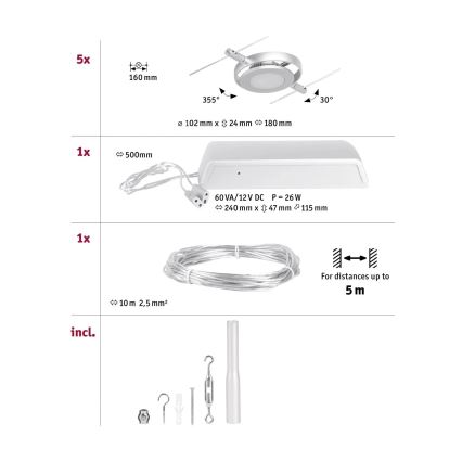 Paulmann 94414 - НАБІР 5xLED/4,5W Точковий світильник до мотузкової системи ROUNDMAC 230V глянцевий хром