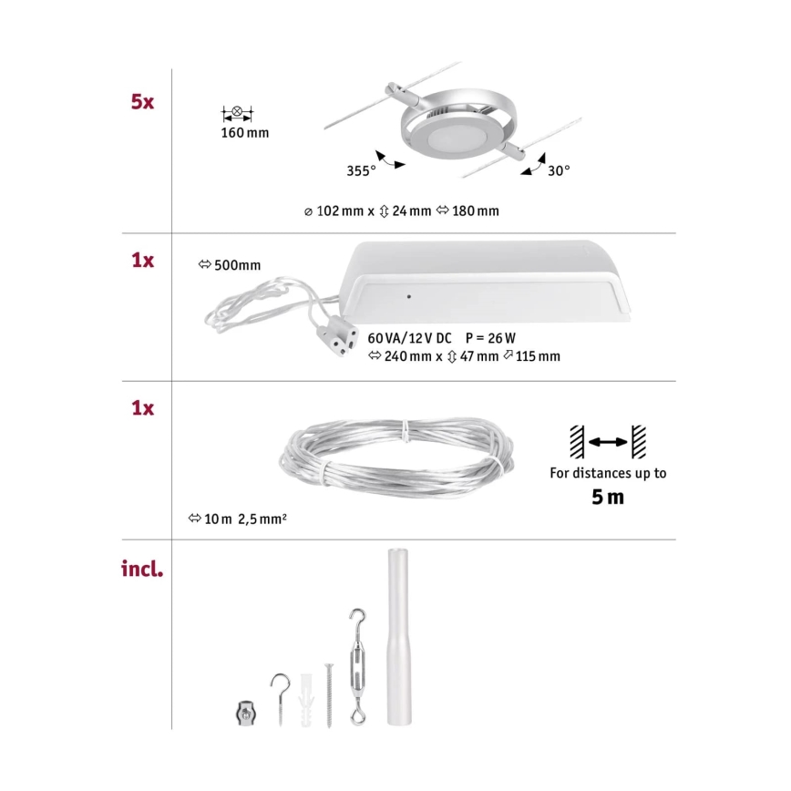 Paulmann 94414 - НАБОР 5xLED/4,5W Точечный светильник для тросовой системы ROUNDMAC 230V блестящий хром