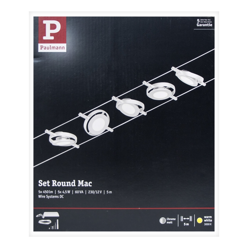 Paulmann 94414 - НАБОР 5xLED/4,5W Точечный светильник для тросовой системы ROUNDMAC 230V блестящий хром