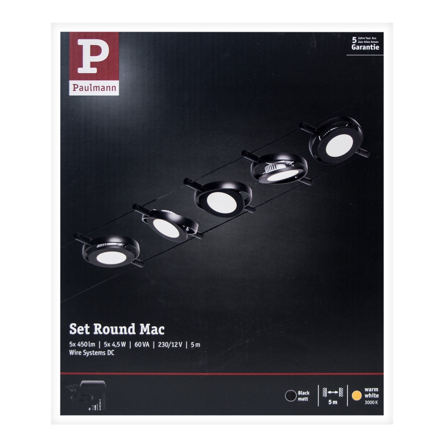 Paulmann 94418 - НАБІР 5xLED/4,5W Точковий світильник до мотузкової системи ROUNDMAC 230V чорний
