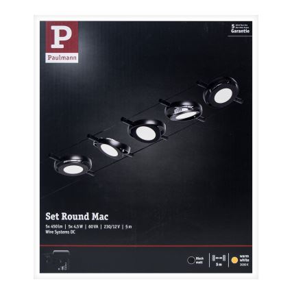 Paulmann 94418 - КОМПЛЕКТ 5xLED/4,5 Вт — Полная тросовая система ROUNDMAC, 230 В, черный
