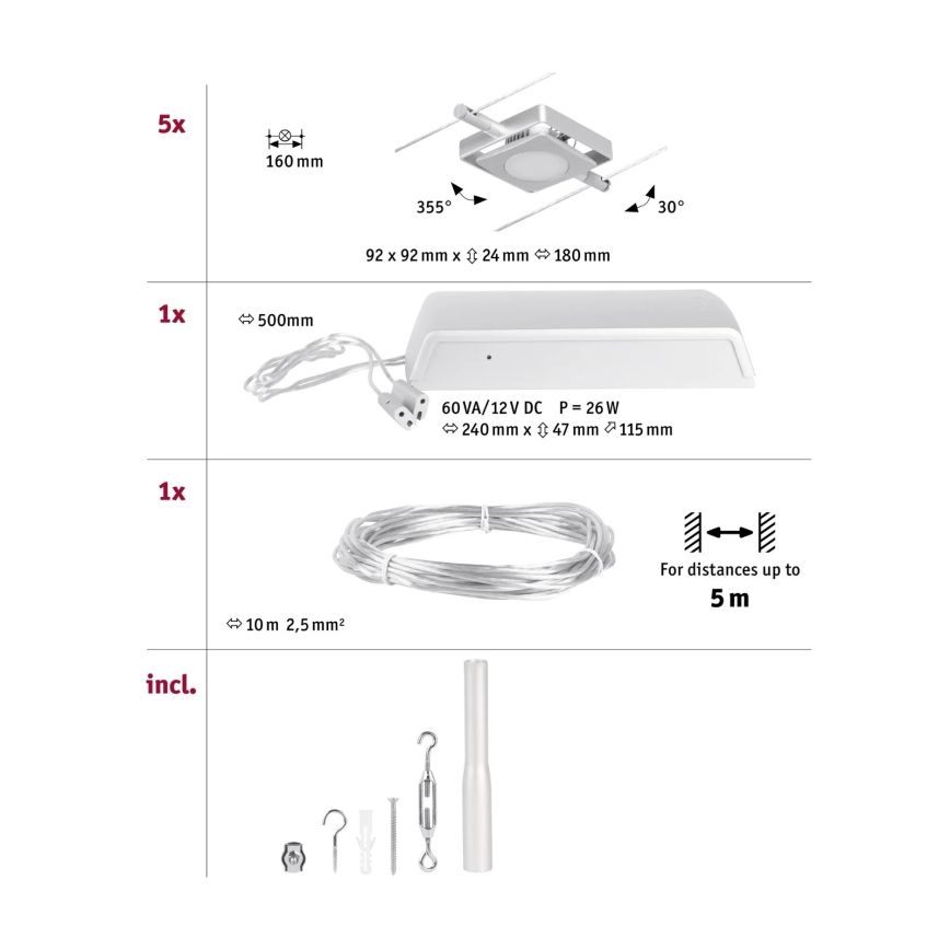 Paulmann 94420 - НАБІР 5xLED/4,5W Точковий світильник для трекової системи MAC 230V матовий хром