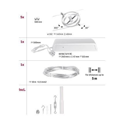 Paulmann 94436 - Комплект из 5 GU5,3/10 Вт: полная тросовая система CARDAN 230 В, матовый хром