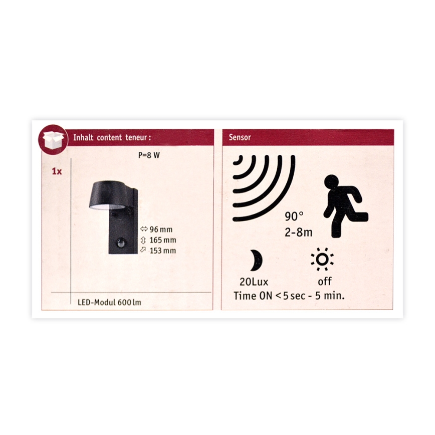 Paulmann 94453 - LED/6W IP44 Уличный настенный светильник с датчиком CAPEA 230V