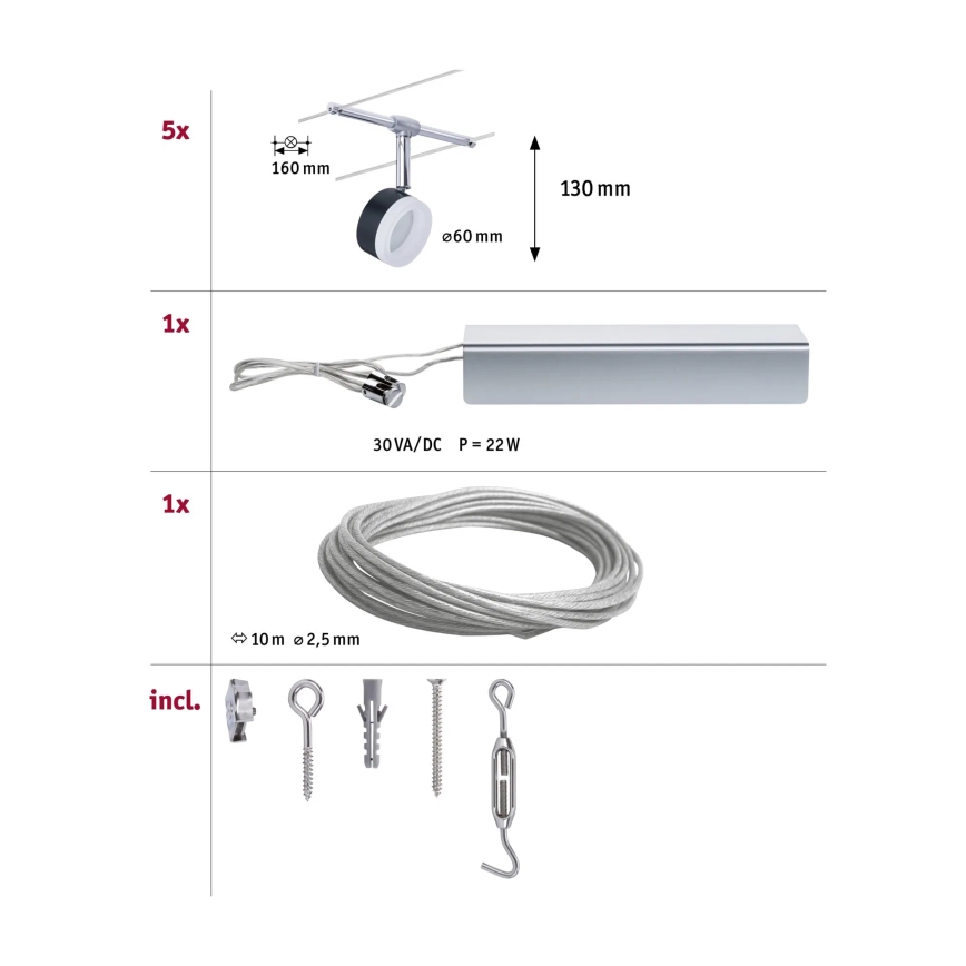 Паулманн 94457 - Комплект із 5 світлодіодів по 4 Вт — повна тросова система КЛІР, 230 В, чорний/полірований хром