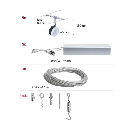 Paulmann 94457 - НАБІР 5xLED/4W точкових світильників для тросової системи CLEAR 230V чорний/глянцевий хром