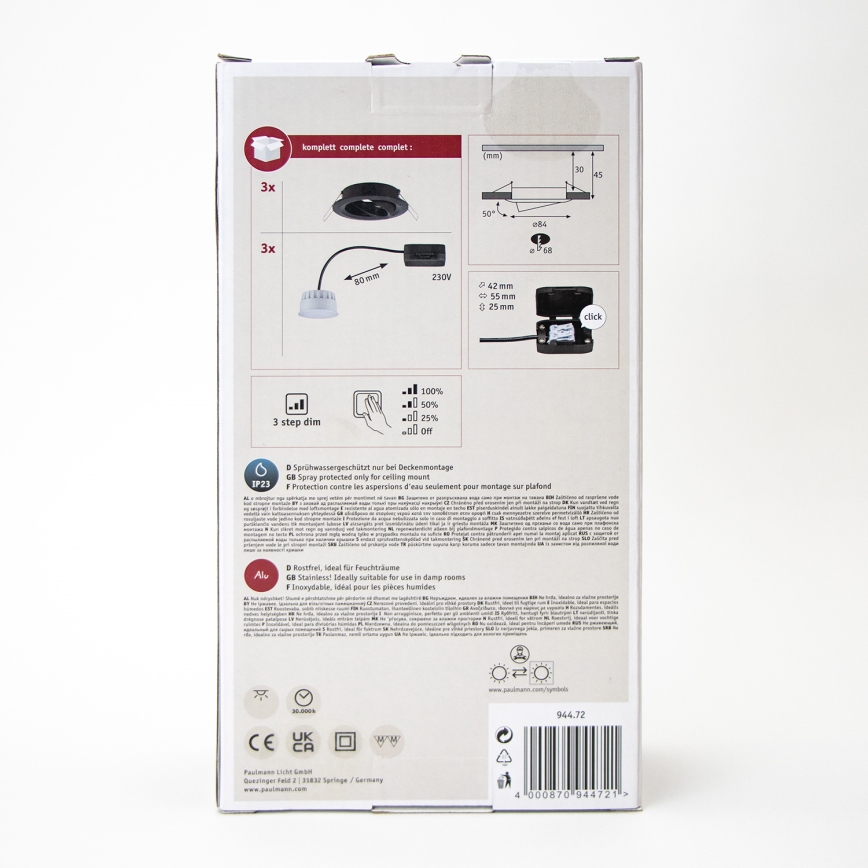 Paulmann 94472 - НАБІР 3xLED/6W IP23 Вбудований стельовий світильник для ванної з регулюванням яскравості NOVA 230V