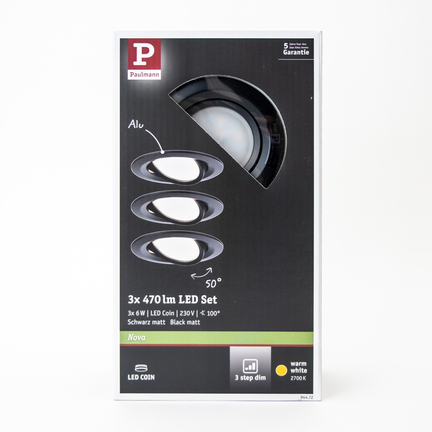 Paulmann 94472 - НАБІР 3xLED/6W IP23 Вбудований стельовий світильник для ванної з регулюванням яскравості NOVA 230V