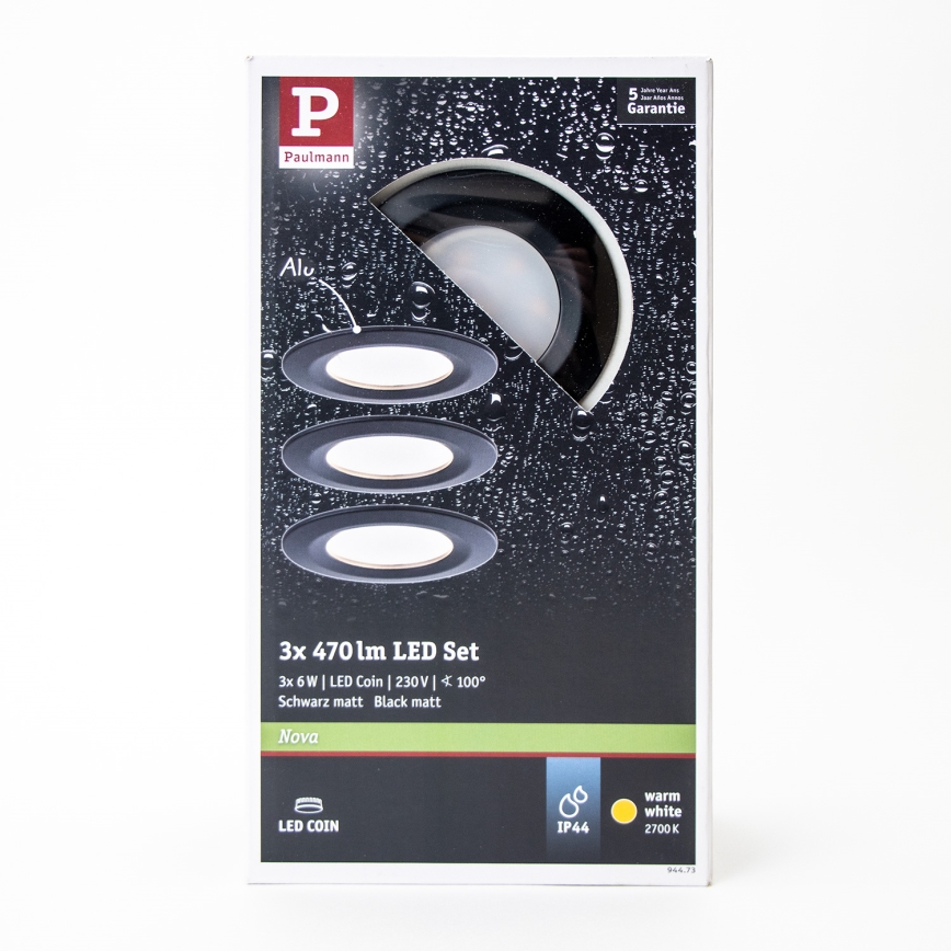 Paulmann 94473 - НАБІР 3xLED/6W IP44 Вбудований стельовий світильник для ванної NOVA 230V
