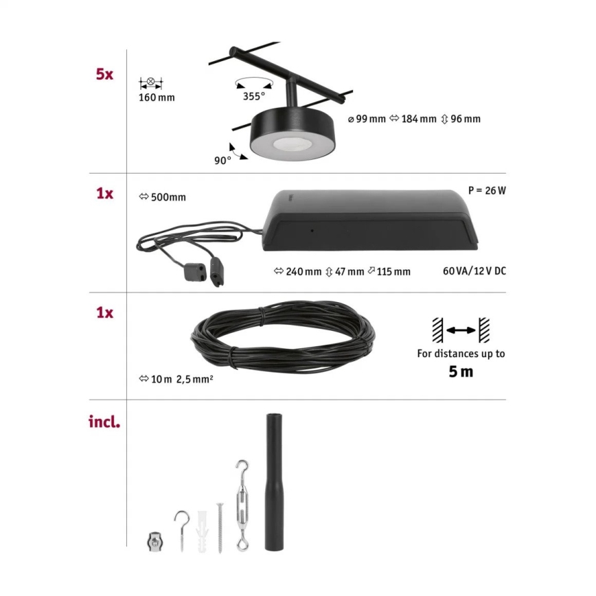 Paulmann 94479 - Набір 5xLED/5W: повна тросова система CIRCLE 230V, чорна