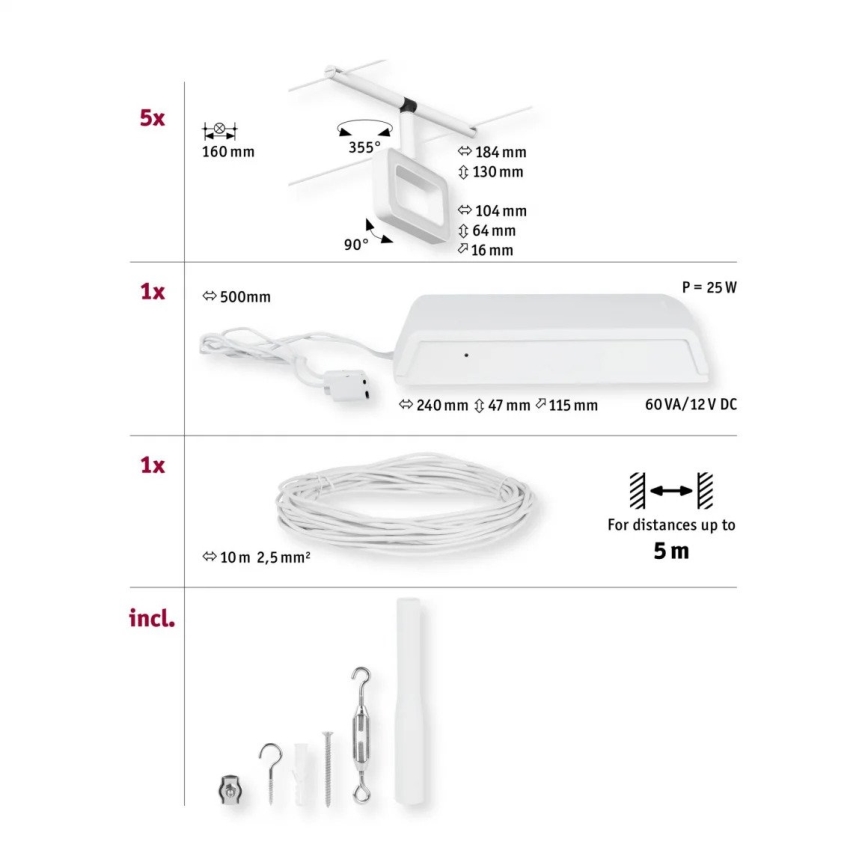 Paulmann 94483 - НАБІР 5xLED/4,8W Точковий світильник для трекової системи FRAME 230V білий