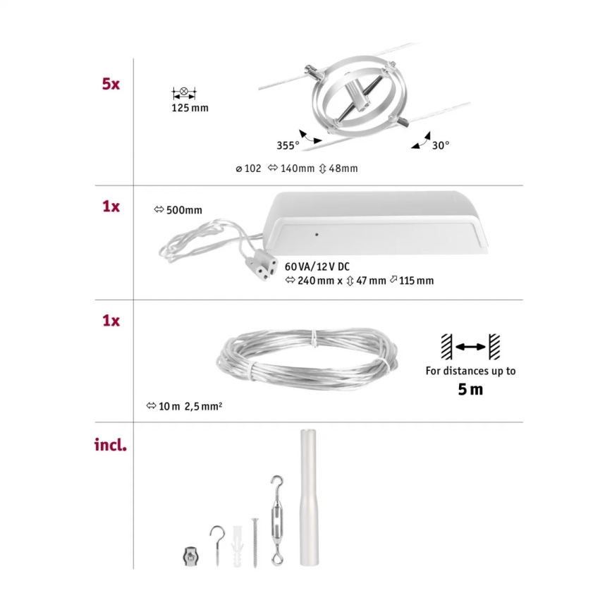 Paulmann 94490 - НАБІР 8xGU5,3/7,5W Точкове світильник для тросової системи CARDAN 230В матовий хром