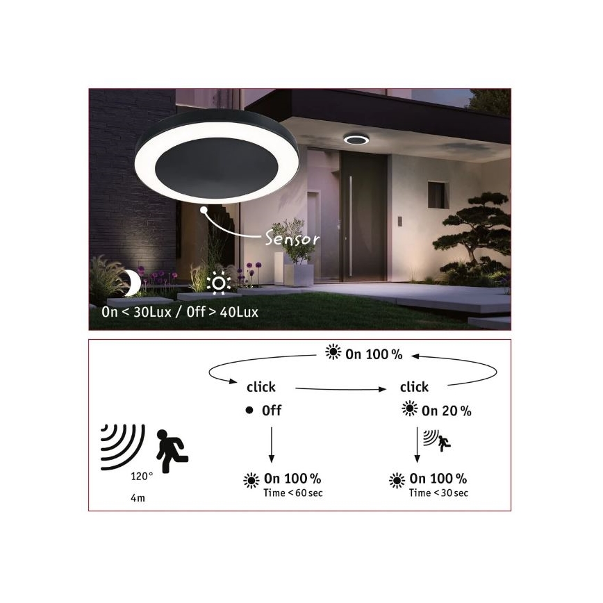 Paulmann 94526 - LED/14W IP44 Уличный потолочный светильник с датчиком CIRCULA 230V