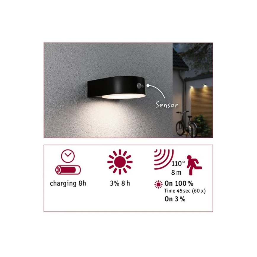 Paulmann 94570 - LED/5,5W IP44 Настенный светильник на солнечной батарее с датчиком EILEEN 3,7V