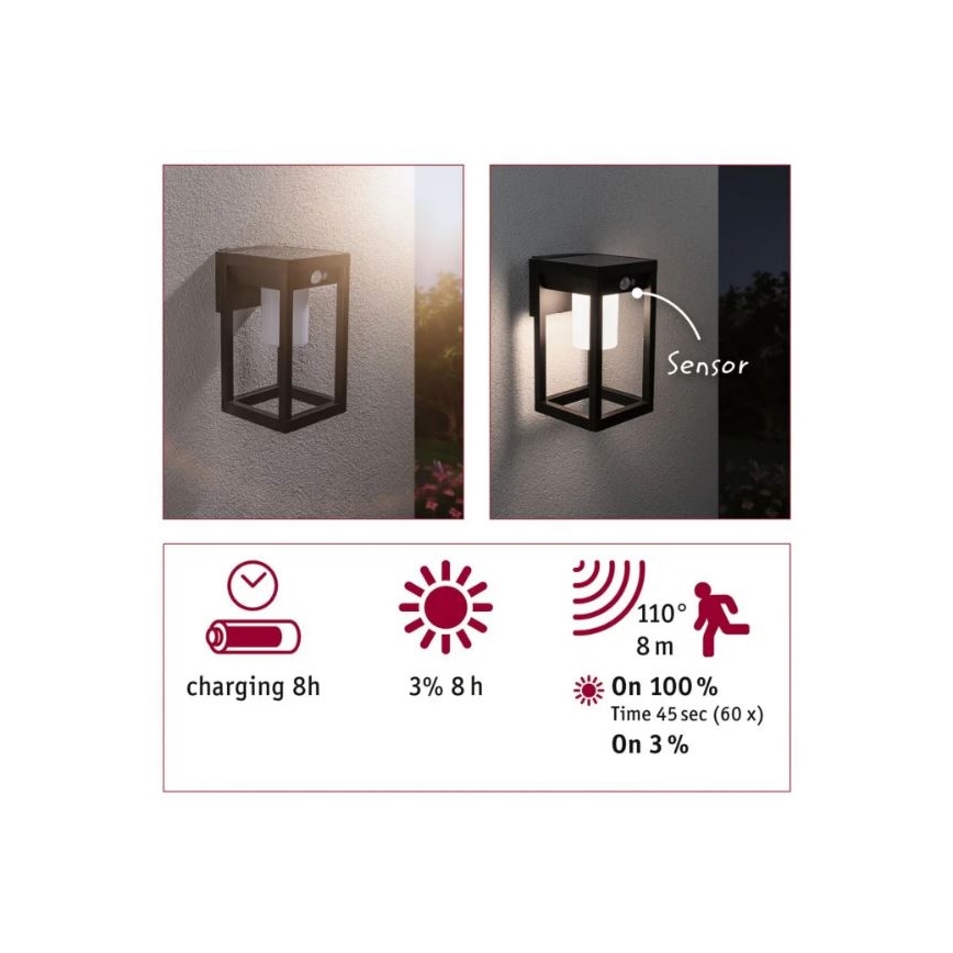 Paulmann 94572 -LED/5,5W IP44 Настінний світильник з датчиком на сонячній батареї MARISOL 3,7V