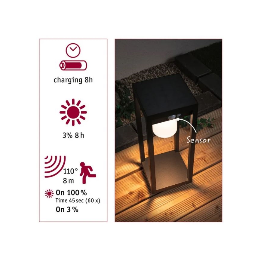 Paulmann 94573 - LED/5,5W IP44 Лампа на сонячній батареї з датчиком MARISOL 3,7V