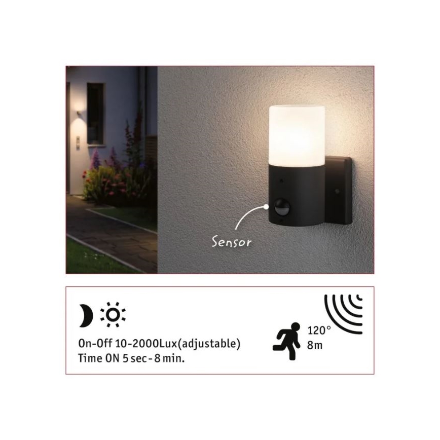 Paulmann 94648 - 1xE27/15W IP44 Уличный настенный светильник с датчиком TUBS 230V