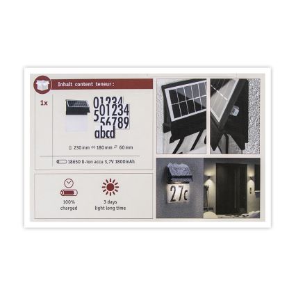Paulmann 94694 - LED/0,2W IP44 Адресная табличка с подсветкой на солнечной батарее NEDA 3,7V 1800 mAh