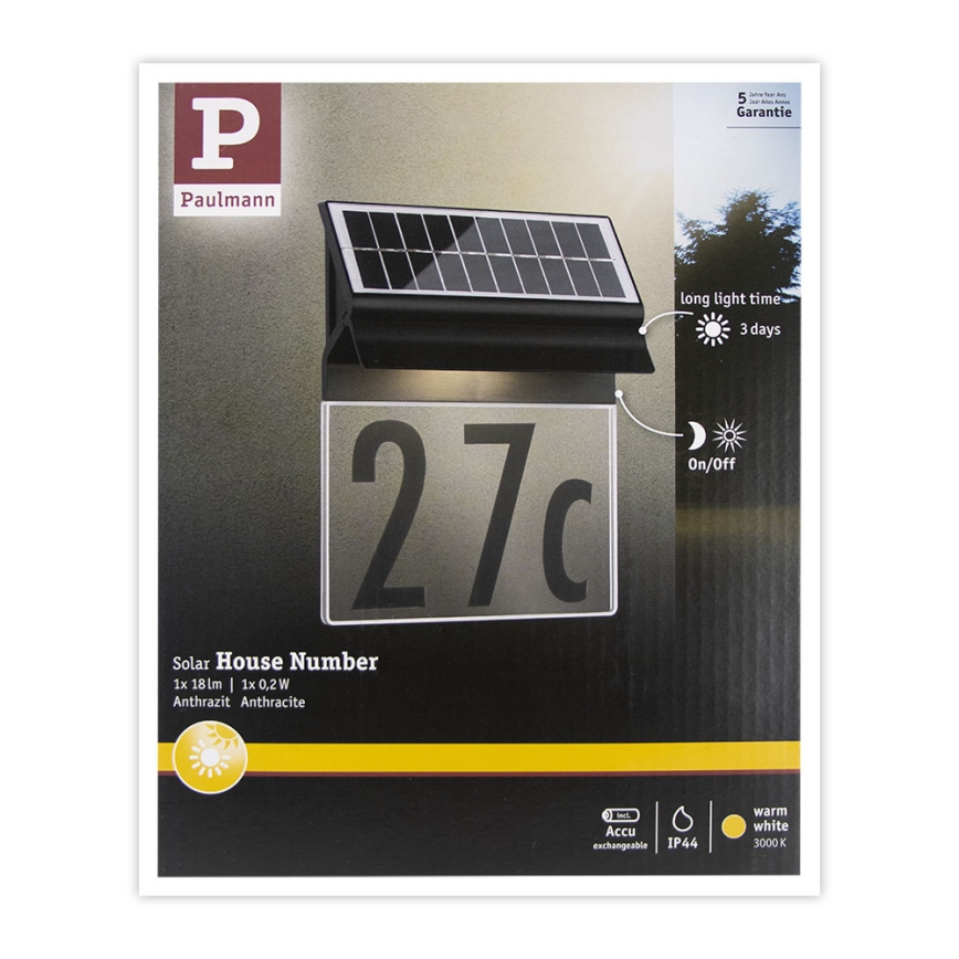 Paulmann 94694 - LED/0,2W IP44 Номер будинку з підсвіткою на сонячній батареї NEDA 3,7V 1800 mAh