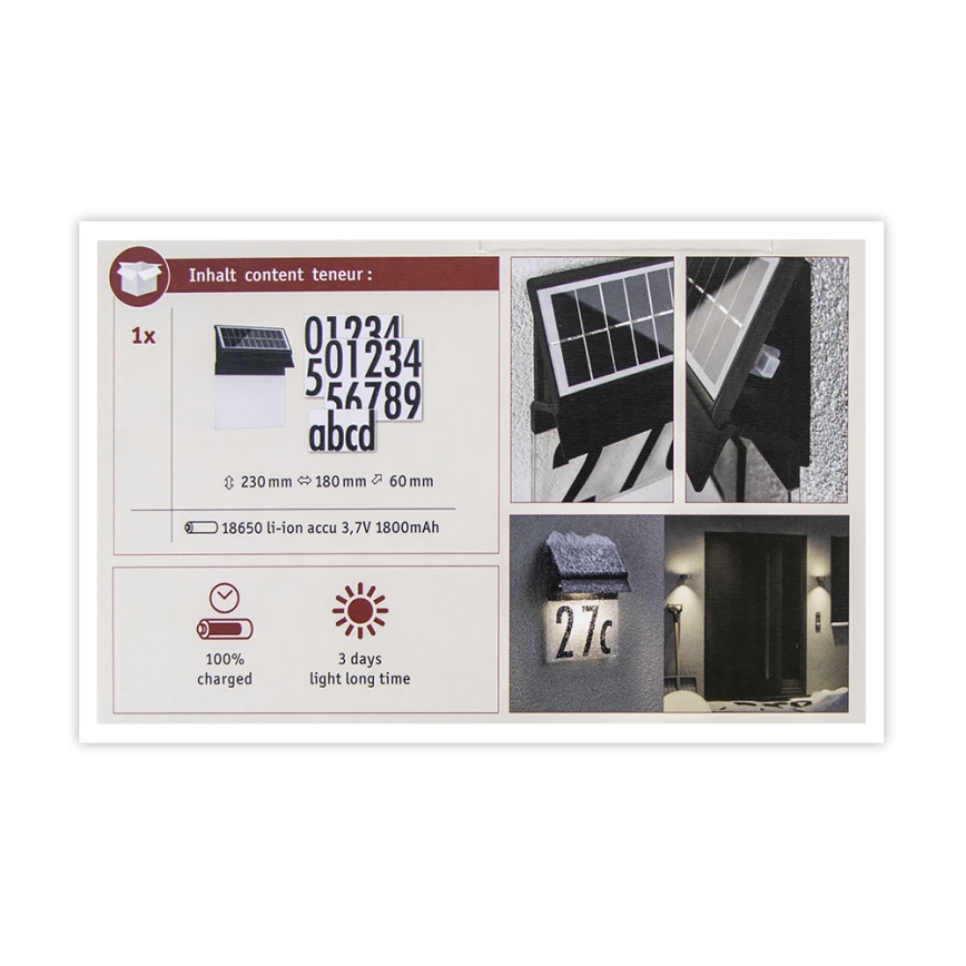 Paulmann 94694 - LED/0,2W IP44 Номер дома с подсветкой на солнечной батарее NEDA 3,7V 1800 mAh