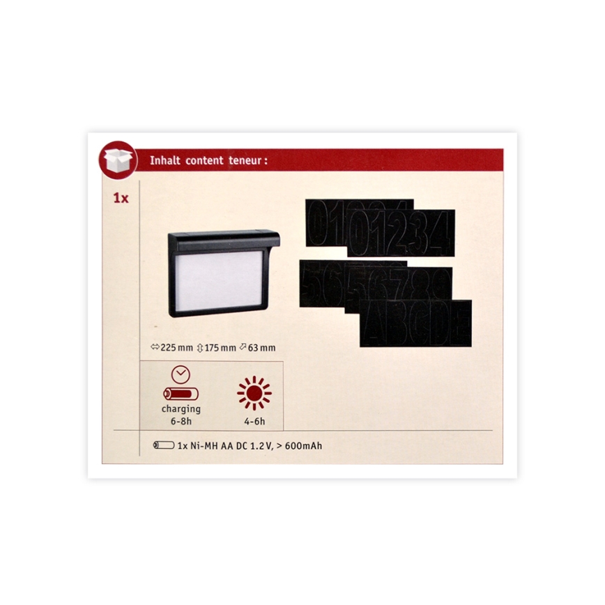 Paulmann 95388 - LED/0,05W IP44 Номер будинку на сонячній батареї з датчиком DAYTON 4,8V