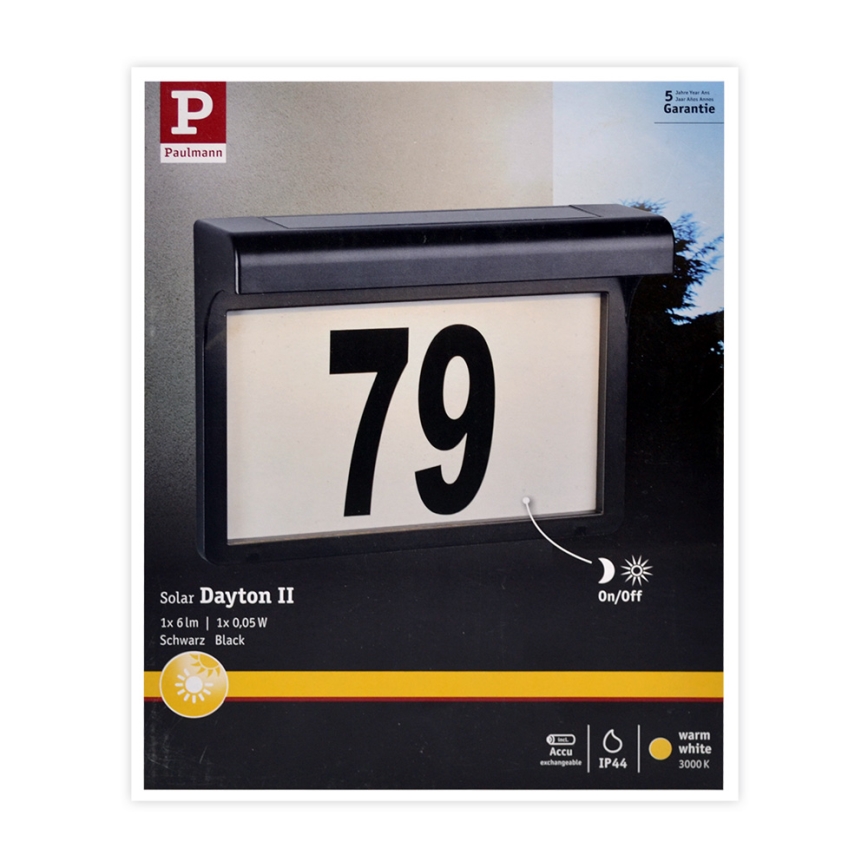 Paulmann 95388 - LED/0,05 Вт IP44 Сонячний номер будинку з датчиком DAYTON 1,2В 600 мАг