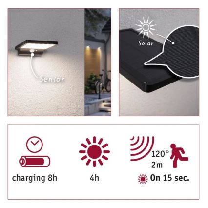 Paulmann 95393 - LED/4W IP44 Настінний світильник на сонячній батареї з регулюванням яскравості та датчиком SOLVEIG 3,7V