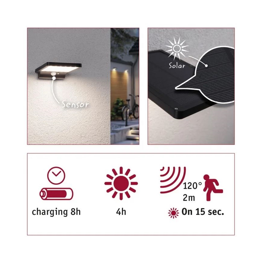 Paulmann 95393 - LED/4W IP44 Настінний світильник на сонячній батареї з регулюванням яскравості та датчиком SOLVEIG 3,7V