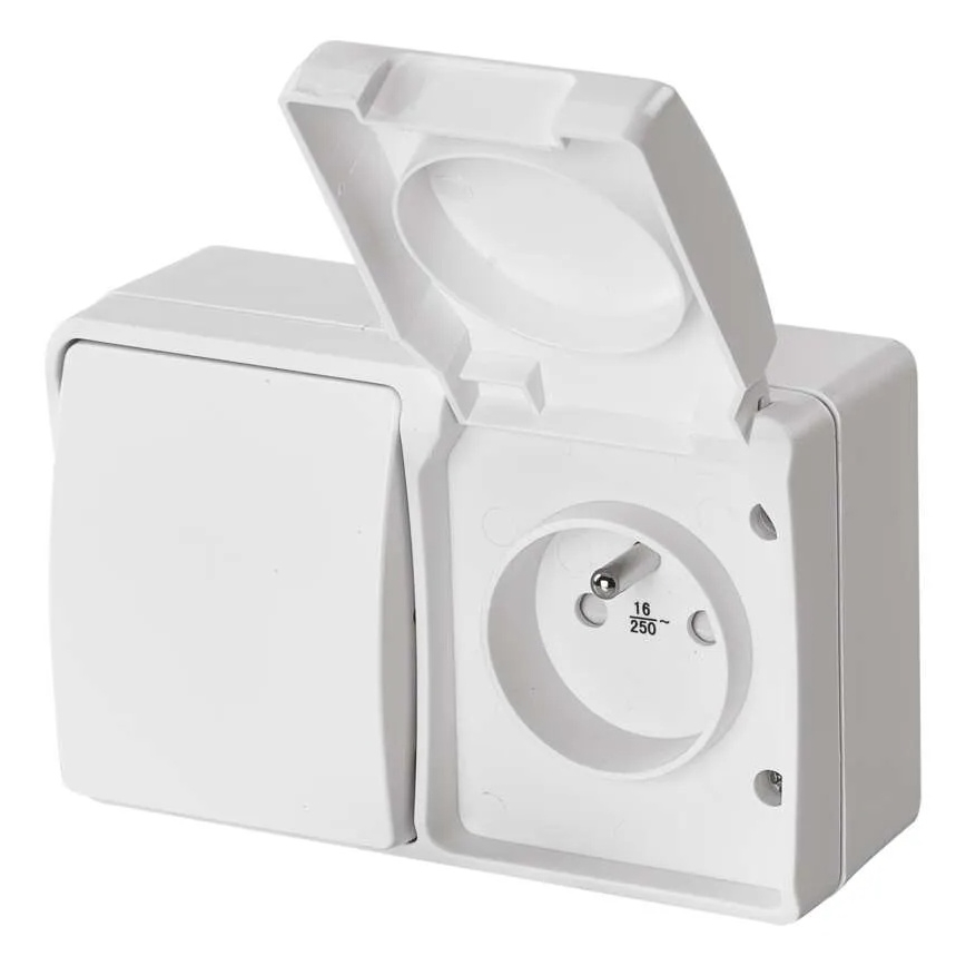 Перемикач будинковий змінного струму № 6 з розеткою 250В/16А IP44 білий