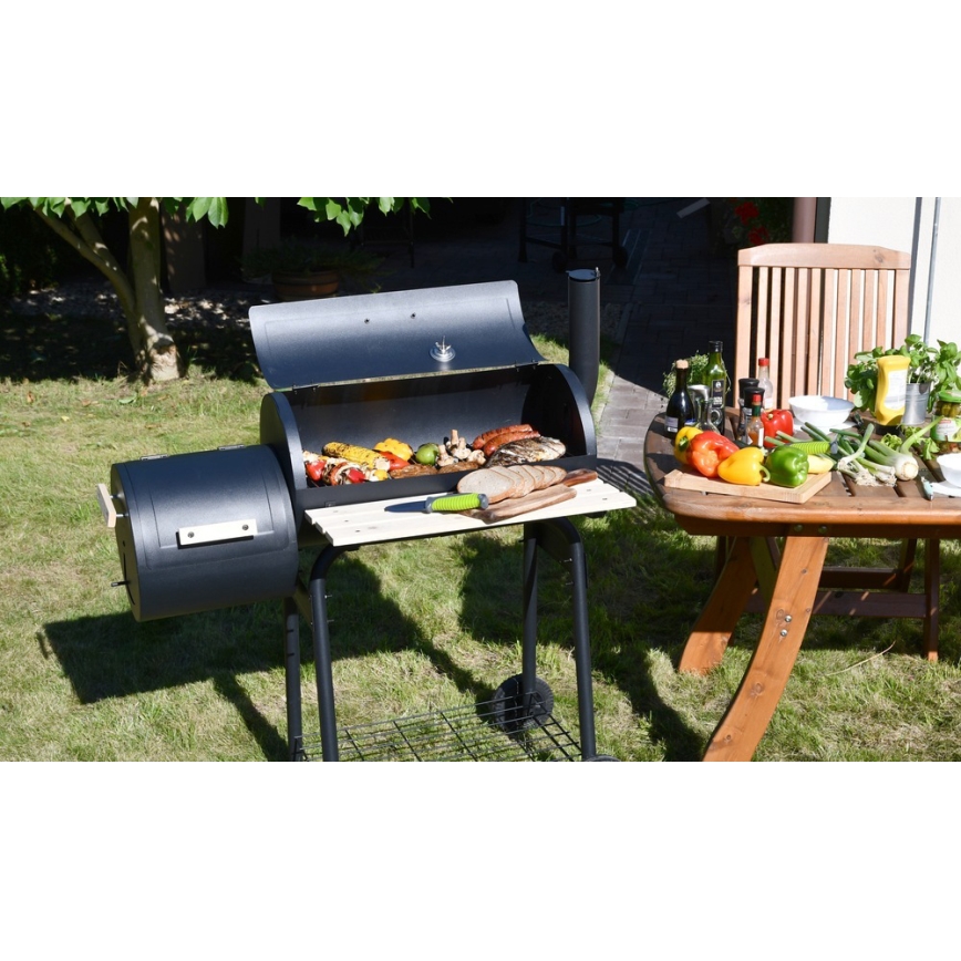 Переносной гриль на углях с коптильней черный/дерево
