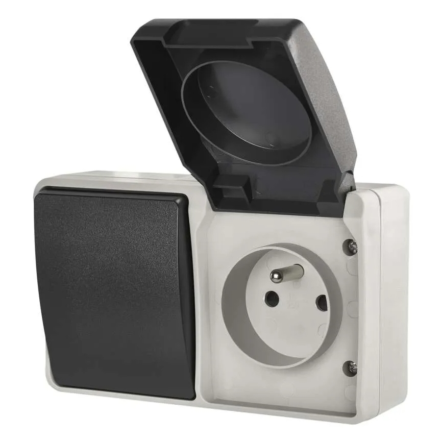 Переключатель бытовой переменного тока № 6 с розеткой 250В/16А IP44 серый