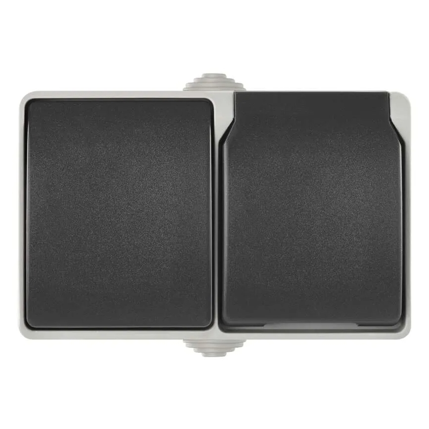 Переключатель бытовой переменного тока № 6 с розеткой 250В/16А IP44 серый