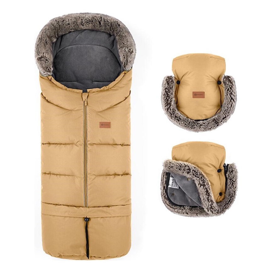 PETITE&MARS - НАБОР Детское зимнее одеяло-конверт 4в1 ARCTIC + рукавицы для коляски FURRY Elegant Caramel