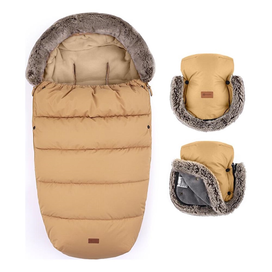 PETITE&MARS - НАБОР Детское зимнее одеяло-конверт 4в1 COMFY + рукавицы для коляски FURRY Elegant Caramel