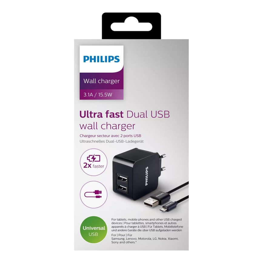 Philips DLP2307U/12 - Зарядный адаптер 2xUSB/15,5W/230V + кабель micro USB 1м