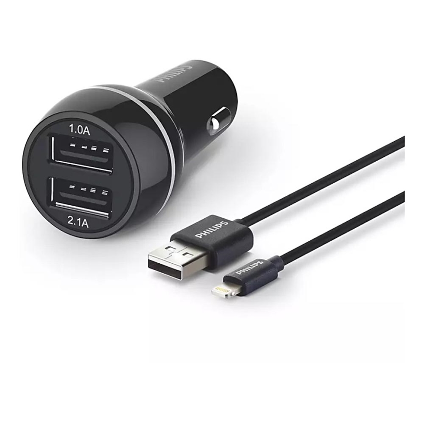 Philips DLP2357V/10 -Автомобільний зарядний пристрій 2xUSB/12V + кабель USB/lightning роз'єм